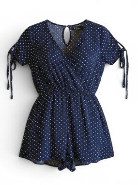 Lulus Navy Blue Polka Dot Romper XS Tie Sleeve Surplice Boho